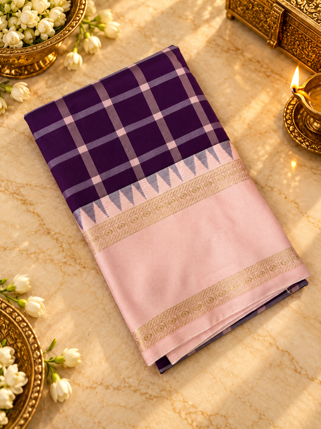 Premium Semi Kanchipuram silk Saree in chequered design  - 902490