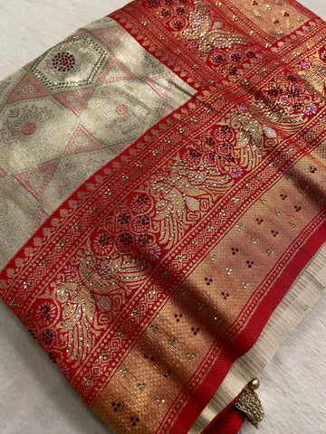 Tissue Bridal Semi Silk with Swarovski work (Cream)