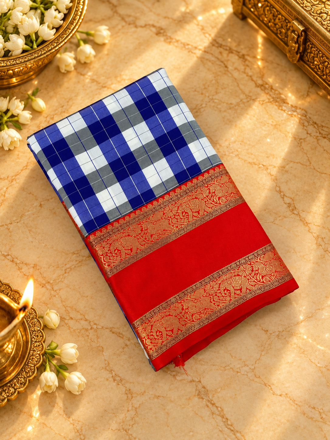 Premium Semi Kanchipuram silk Saree in chequered design  - 902490