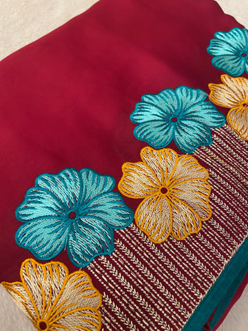 Premium Flora Crepe Silk Saree With Embroidery Border