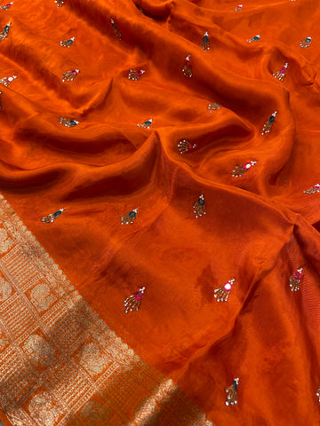 Pure crepe chinnon saree with cutdana work