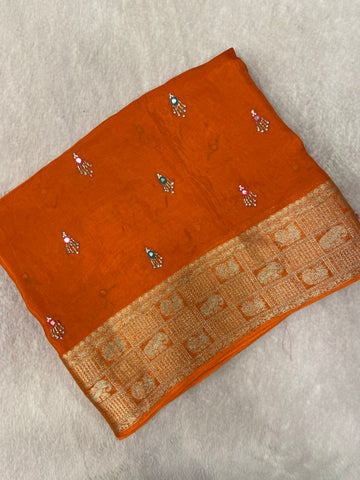 Pure crepe chinnon saree with cutdana work