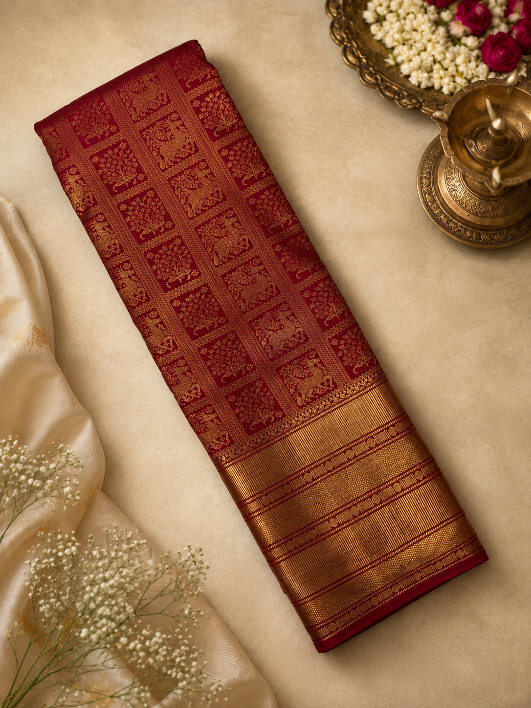 Premium Semi Kanchipuram Silk Saree (Wine)