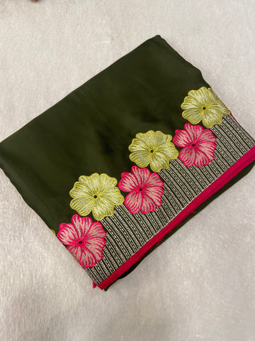 Premium Flora Crepe Silk Saree With Embroidery Border💚