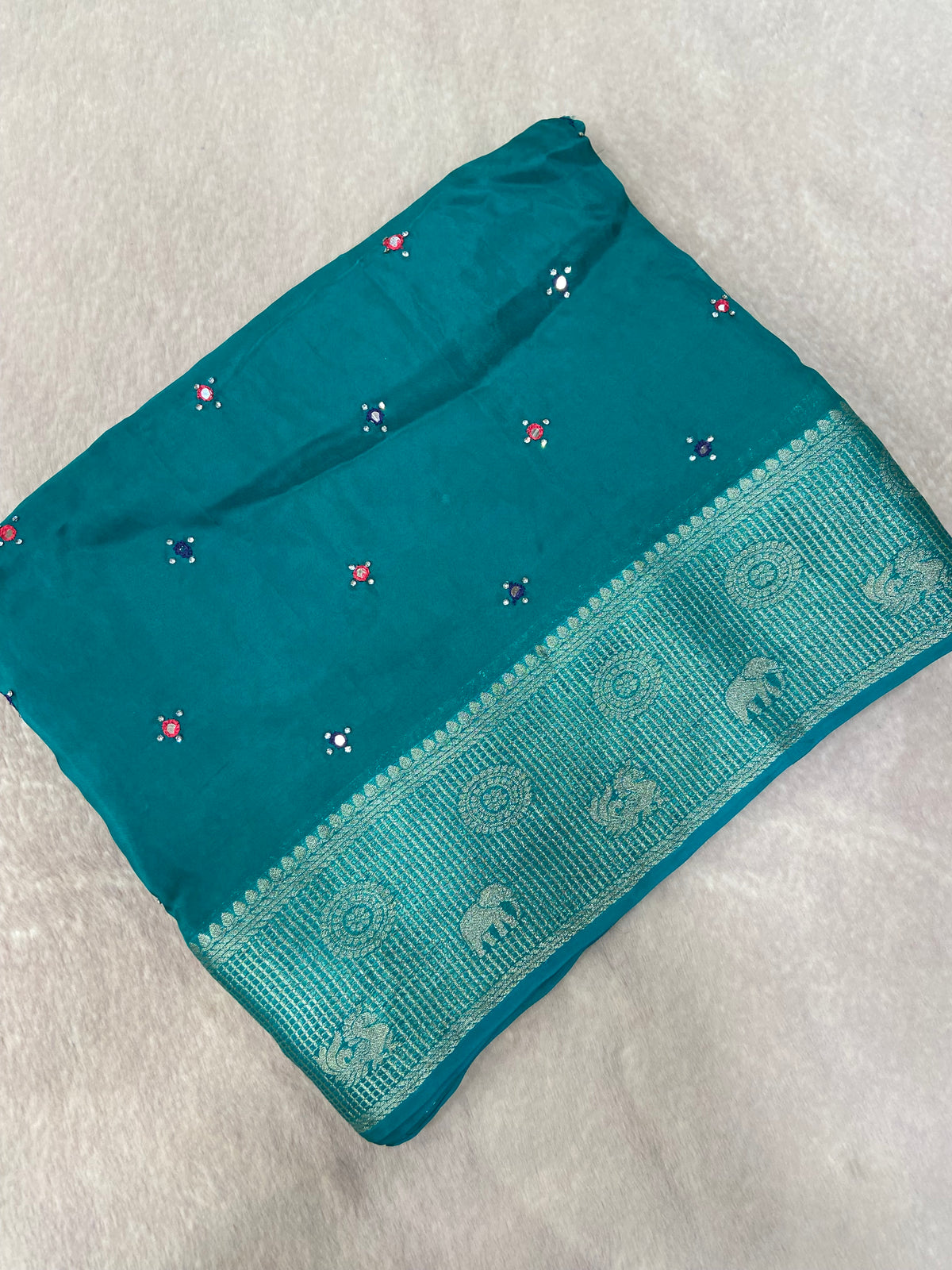 Pure crepe chinnon saree with cutdana work