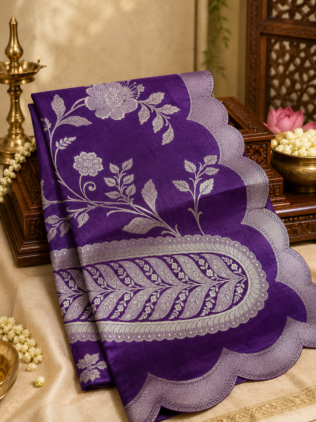 Premium Russian Silk Saree with Scalloped border
