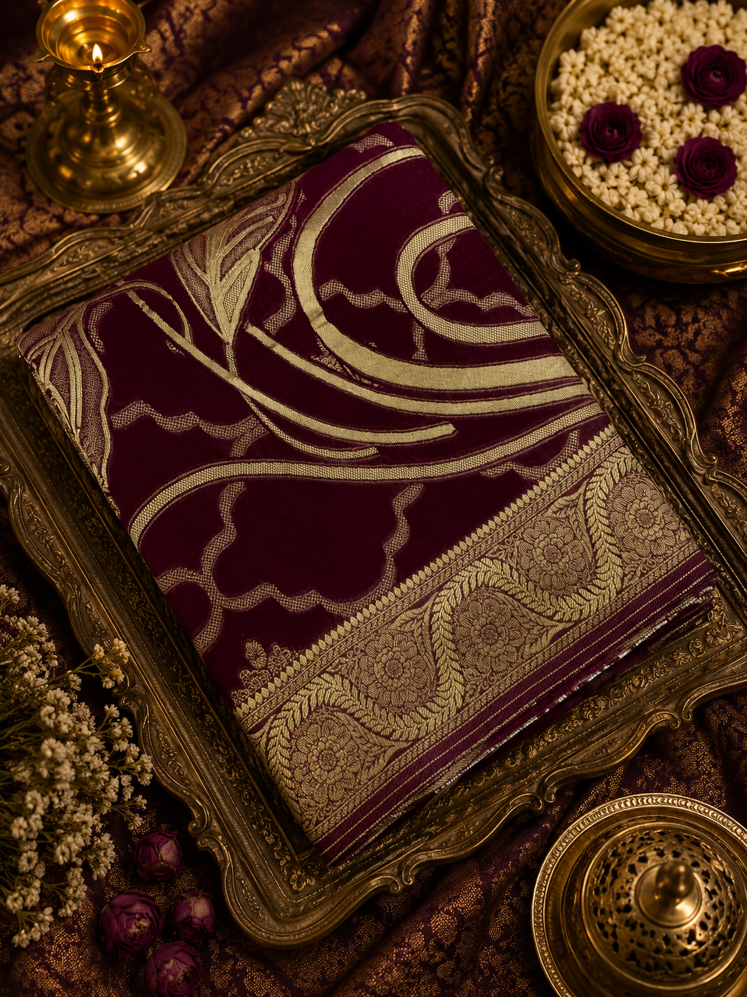 Premium Crepe Chinnon Saree (Dark Wine)