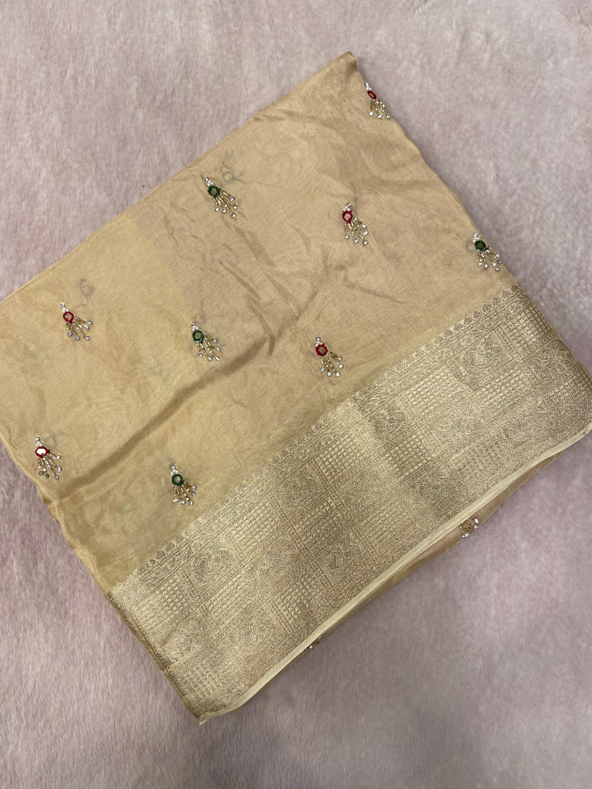 Pure crepe chinnon saree with cutdana work