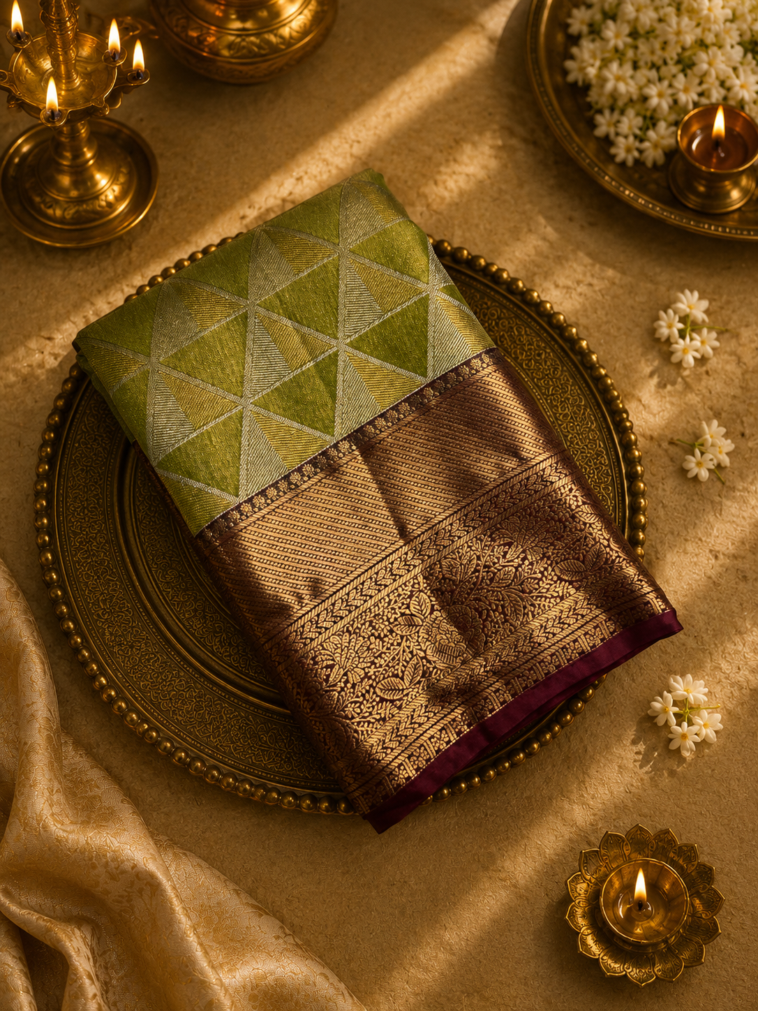 Premium Bridal Semi Kanchipuram Silk Saree- Parrot green with wine