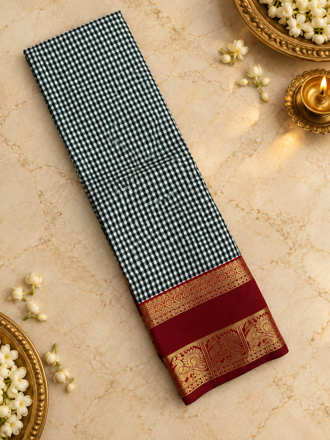 Premium Mini Kanchi Silk Saree In Chequered Pattern- RF1315