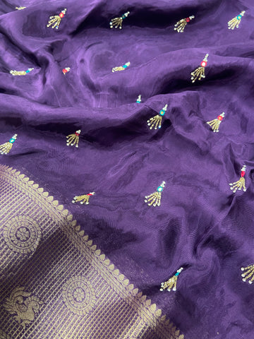 Pure crepe chinnon saree with cutdana work