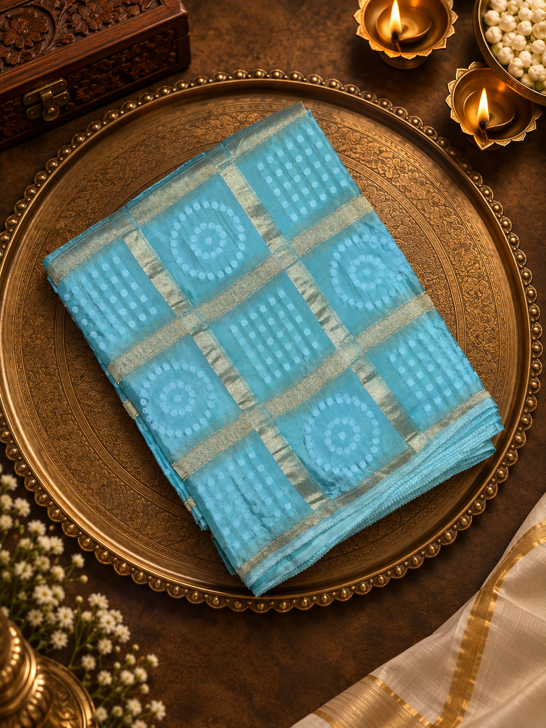 Plain body design modal silk saree with bandhini design pallu- 902263 Aqua blue