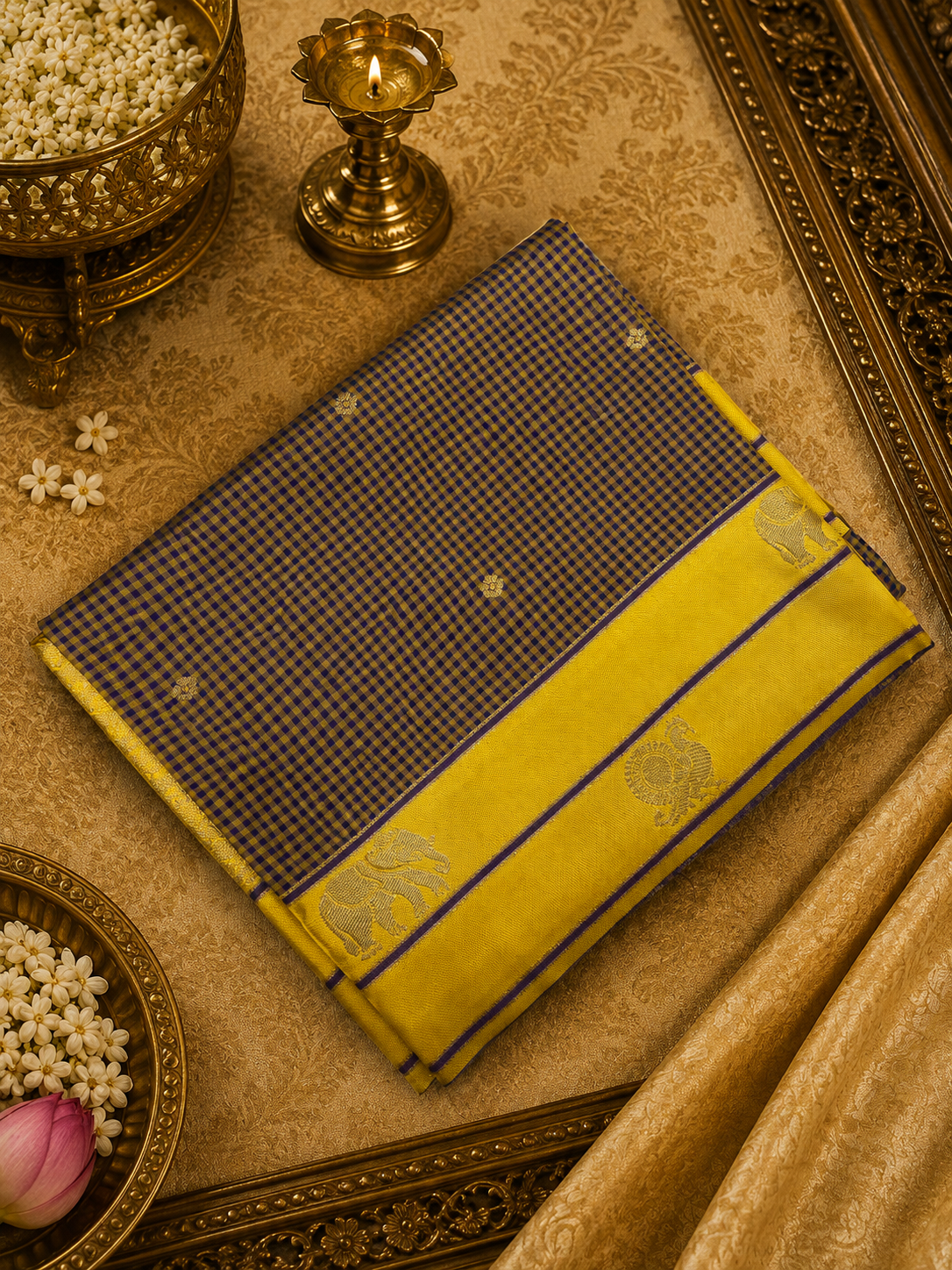 Premium Semi Kanjeevaram Silk Saree- Purple with Mustard