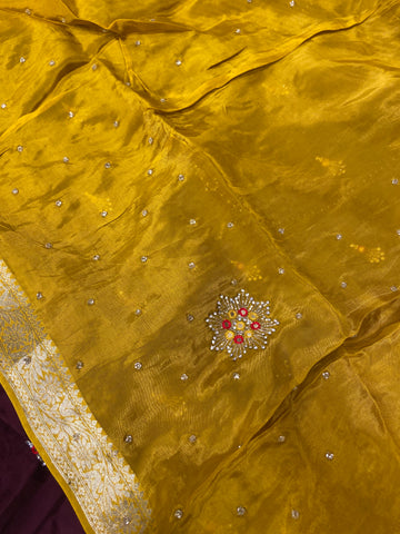 Pure crepe chinnon saree with cutdana work
