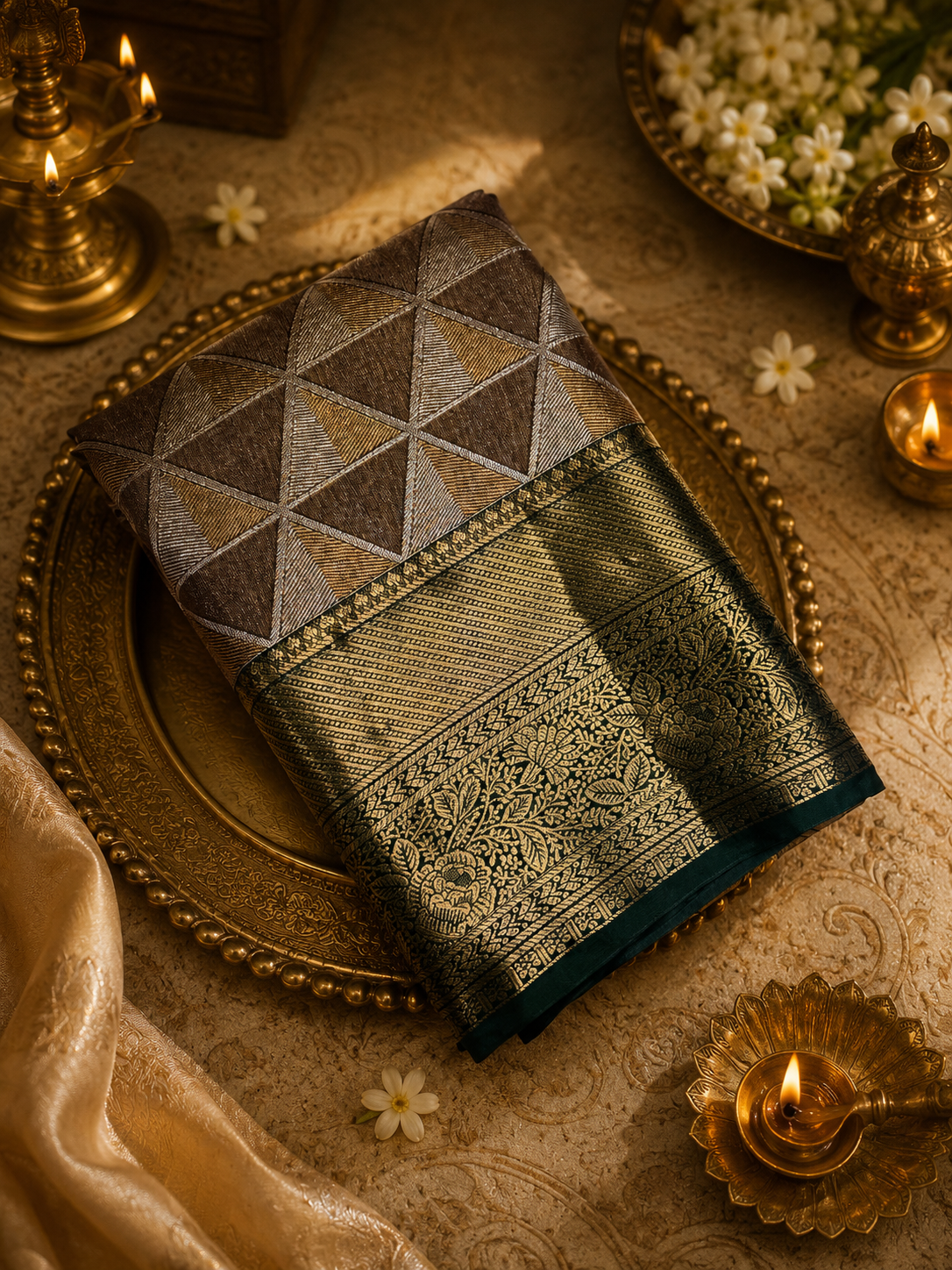Premium Bridal Semi Kanchipuram Silk Saree- Dark beige with bottle green