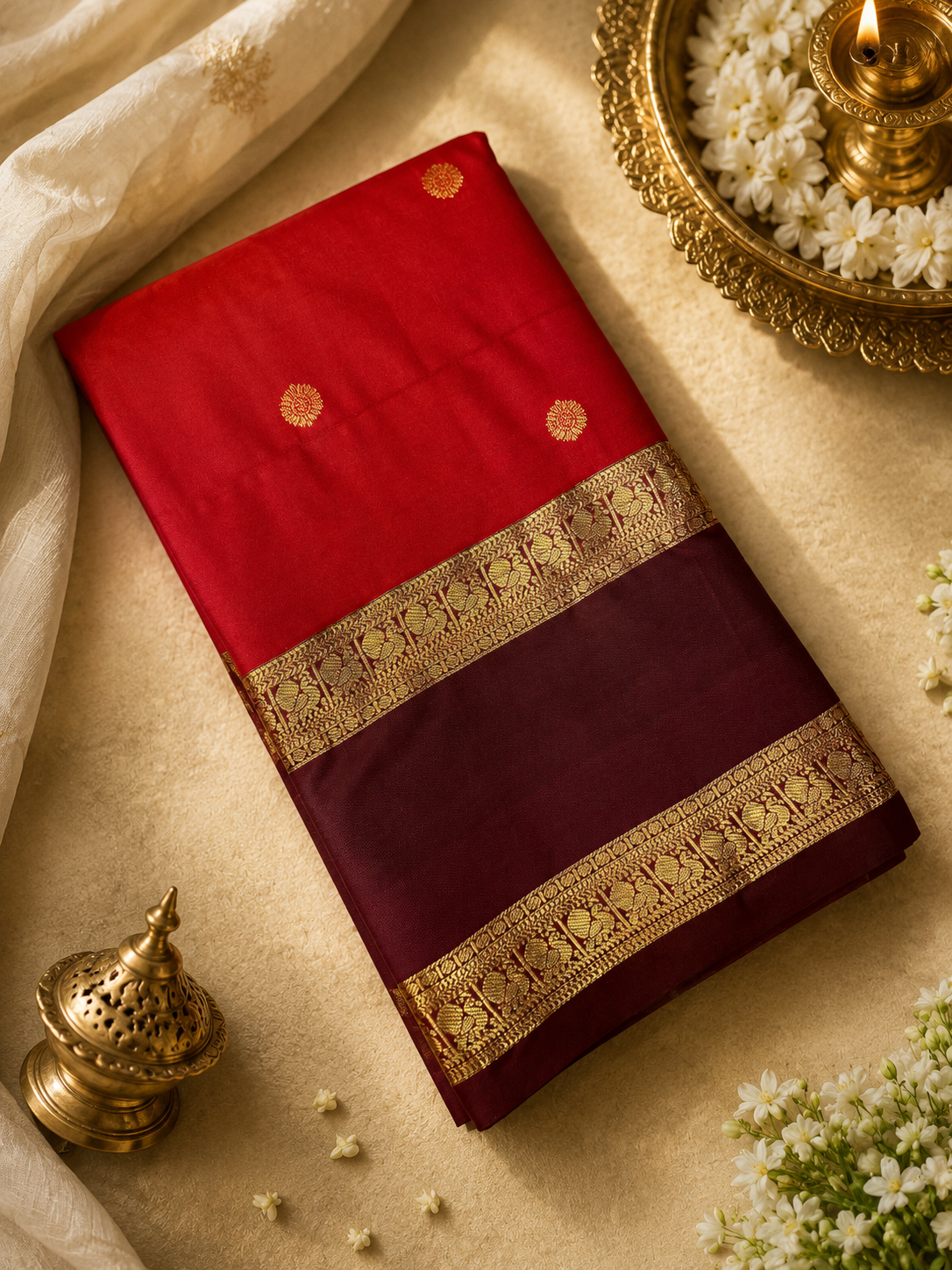 Premium Semi Kanchipuram Silk Saree- Reddish rust