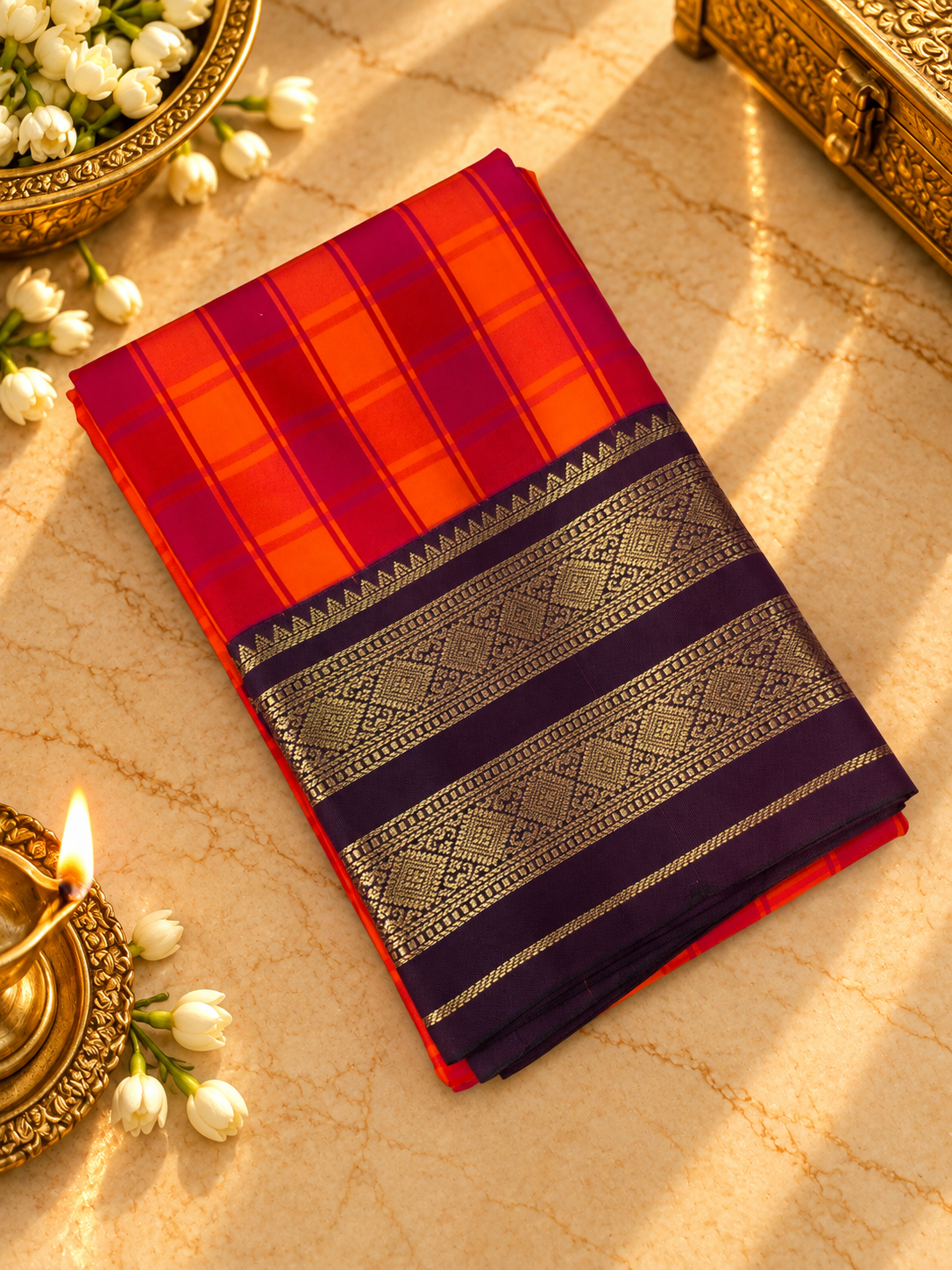 Premium Semi Kanchipuram silk Saree in chequered design  - 902490