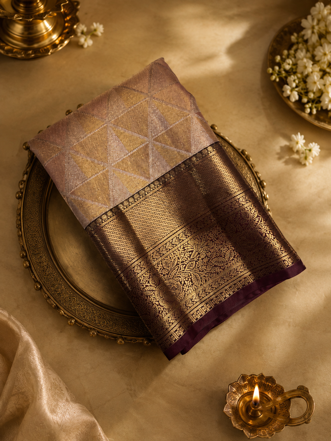 Premium Bridal Semi Kanchipuram Silk Saree- Beige with wine