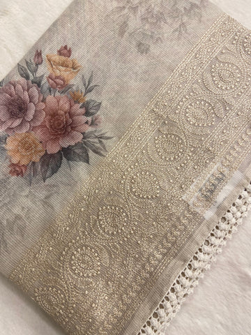 Premium soft digital print embroidered organza