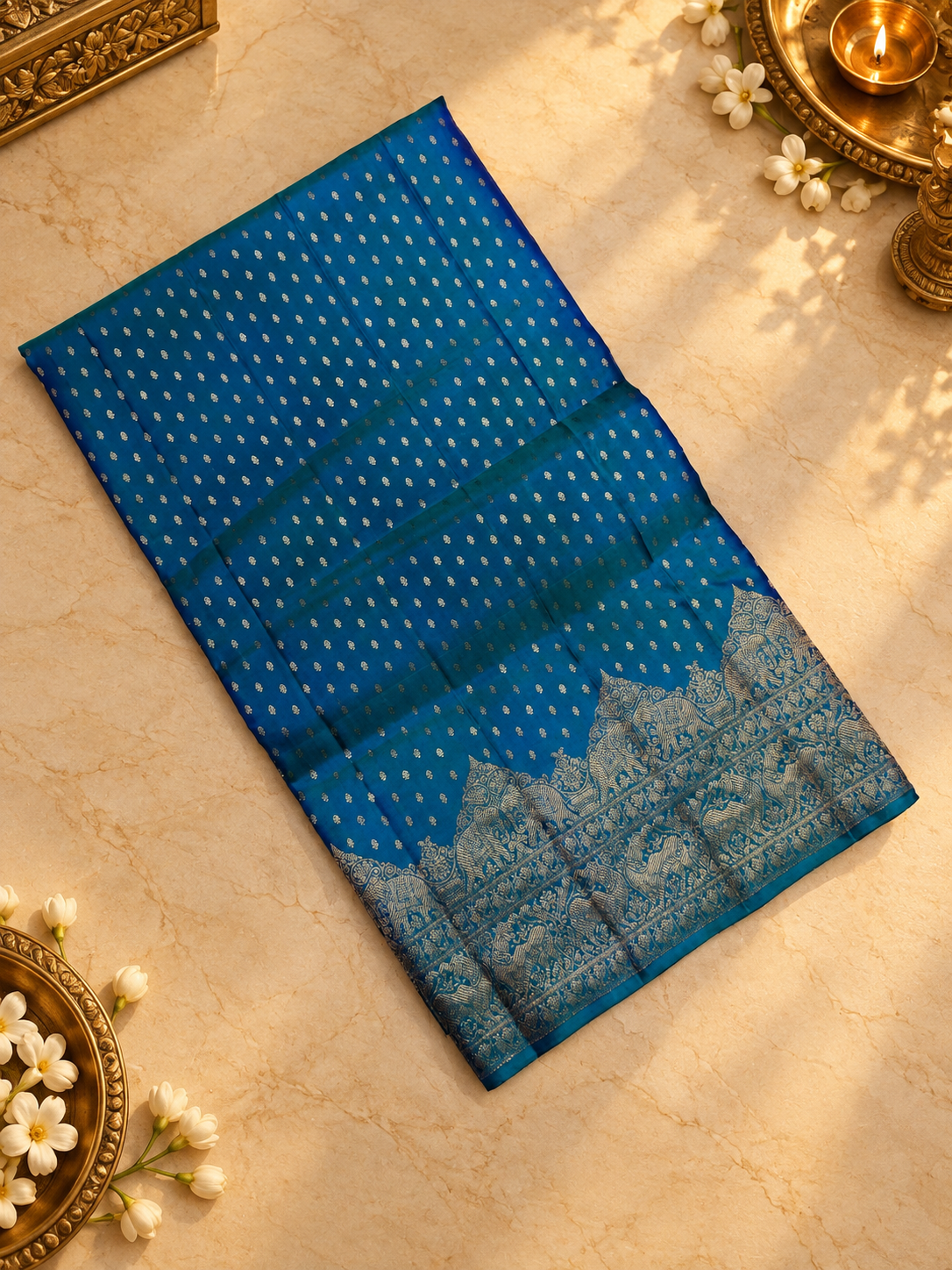 Pure 1G zari handloom Kanjeevaram Silk Saree- Silk mark certified- PS2404 Peacock blue
