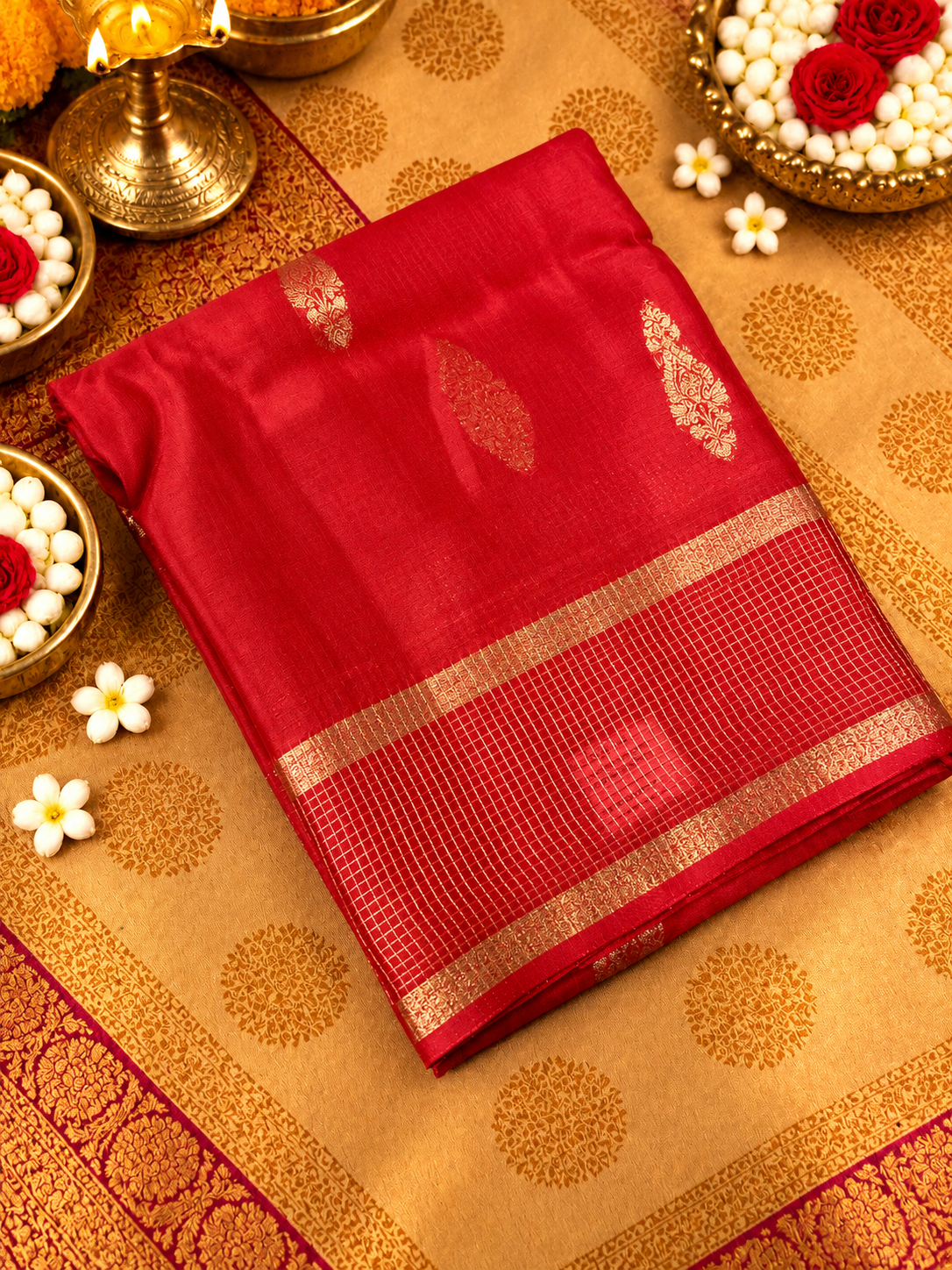 Pure Crepe Chinnon Saree (Cherry Red)- 902971