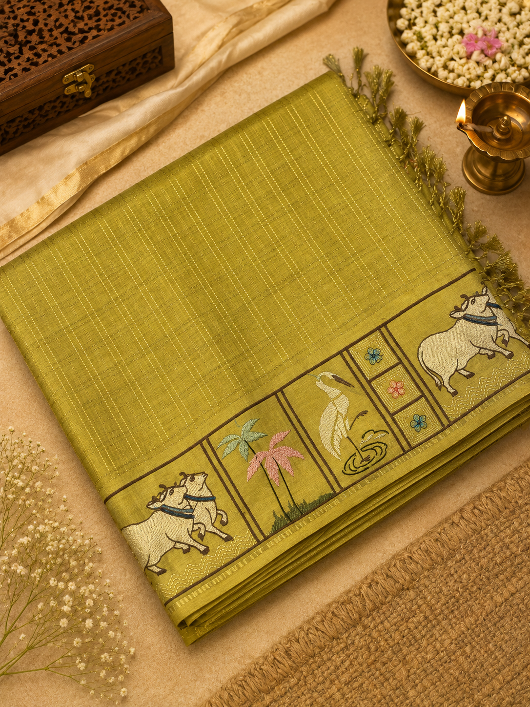 Premium Tassar Saree With Pichwai Work