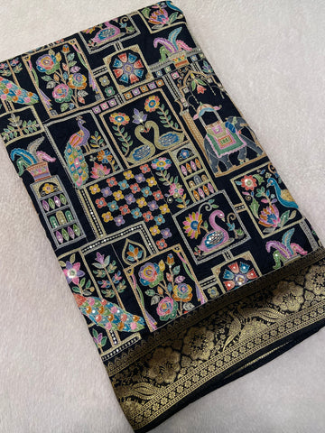 Premium Banarasi Crepe silk Saree With Appliqué Work