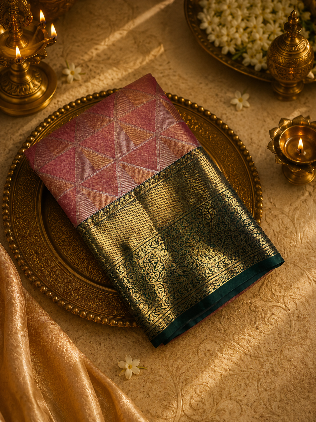 Premium Bridal Semi Kanchipuram Silk Saree- Peach with green