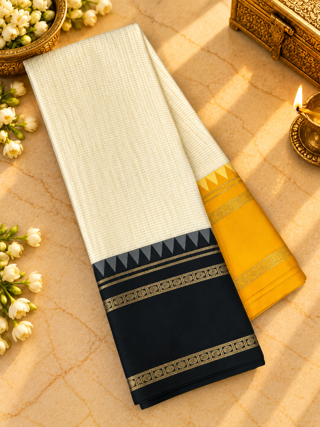 Premium Semi Kanchipuram silk Saree in chequered design Ganga Jamuna Border - 902488