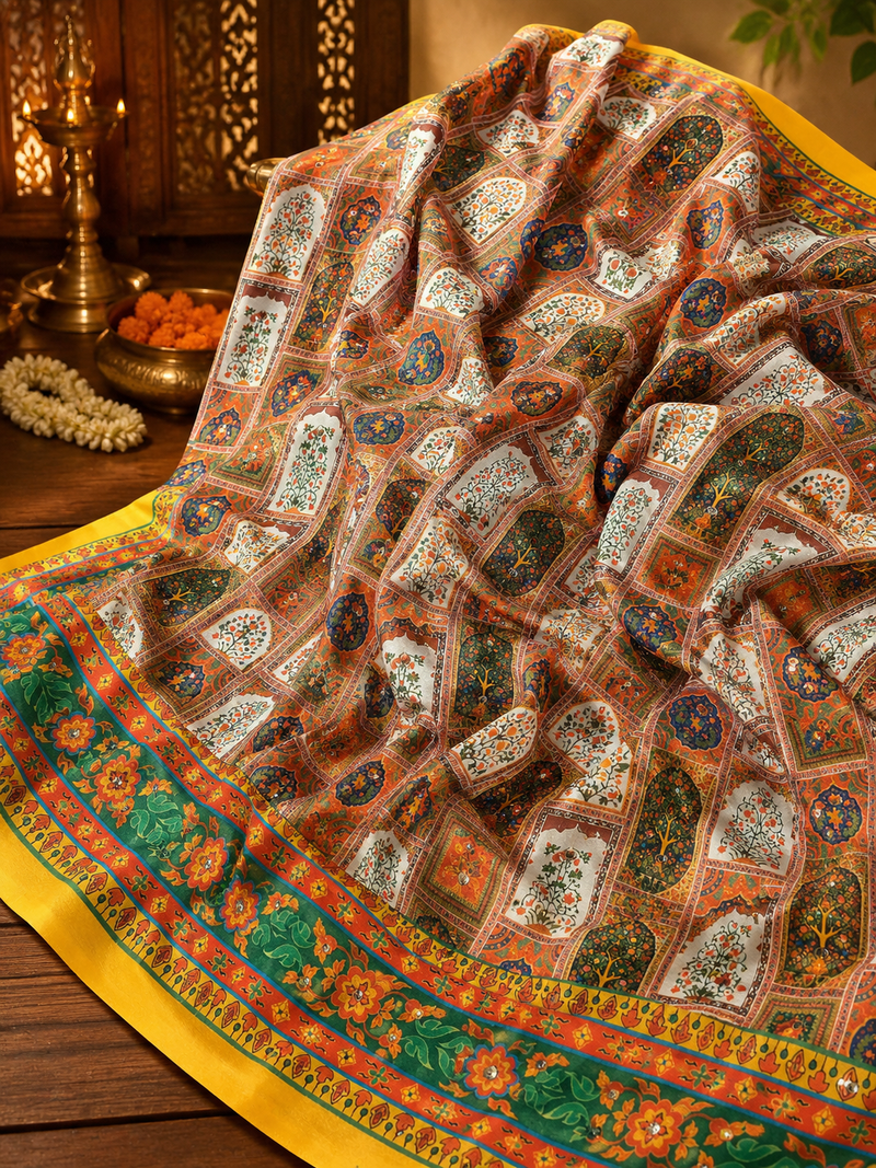 Banarasi Kalamkari Saree With Mirror Work