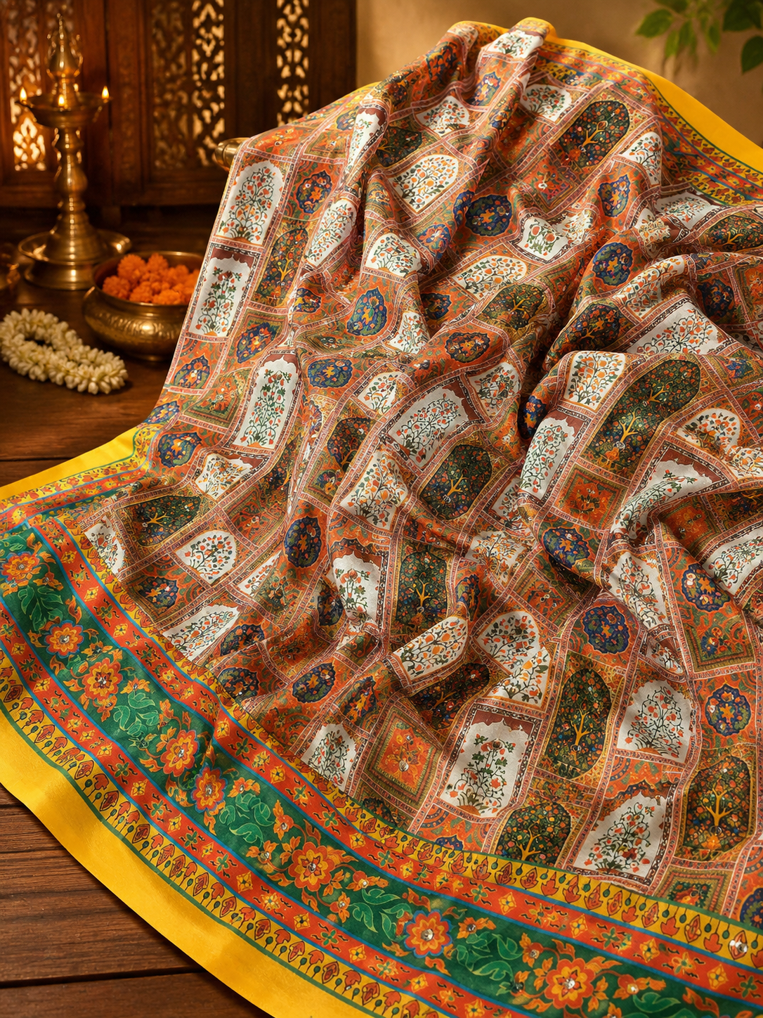 Banarasi Kalamkari Saree With Mirror Work