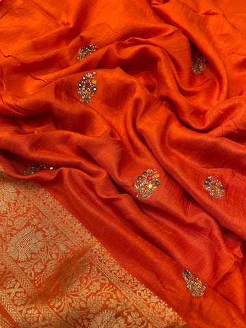 Pure crepe chinnon saree with cutdana work