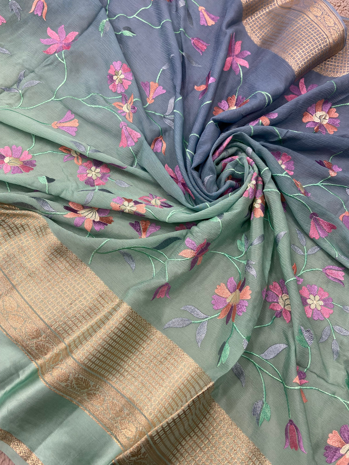 Premium Chiffon Saree Satin Border With Embroidery