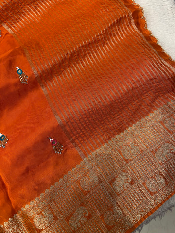 Pure crepe chinnon saree with cutdana work