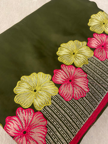 Premium Flora Crepe Silk Saree With Embroidery Border💚