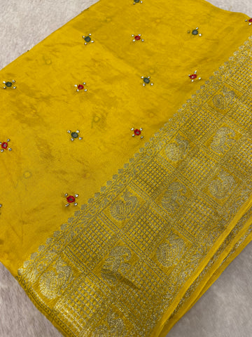 Pure crepe chinnon saree with cutdana work