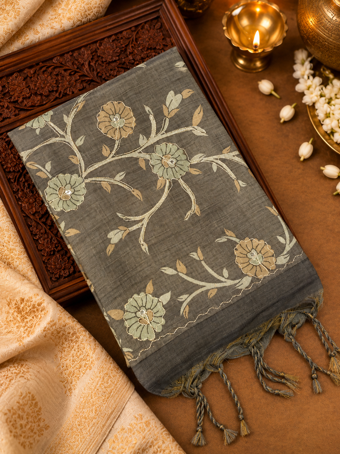 Premium quality jute linen saree with appliqué work embroidery- 902530