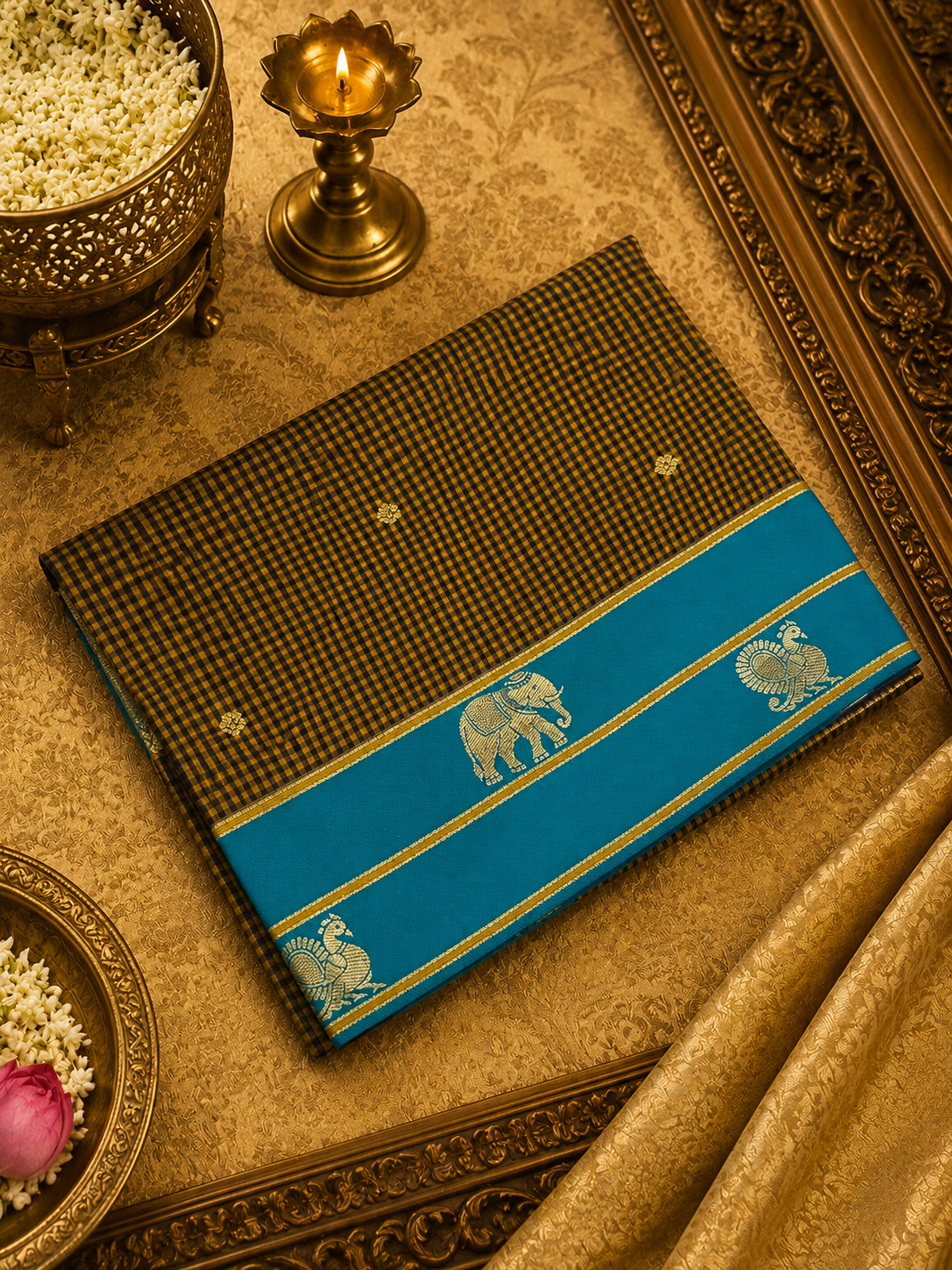 Premium Semi Kanjeevaram Silk Saree- Mustard and black checks with blue border