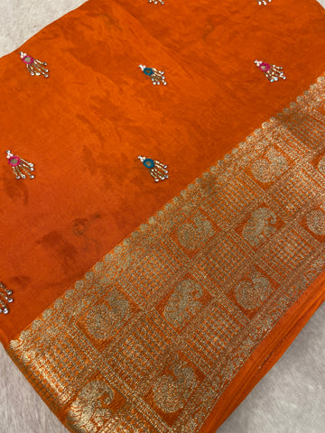 Pure crepe chinnon saree with cutdana work