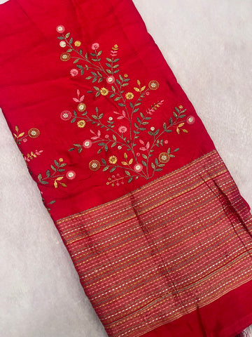 Premium Chanderi With Kaatha Work Saree ✨