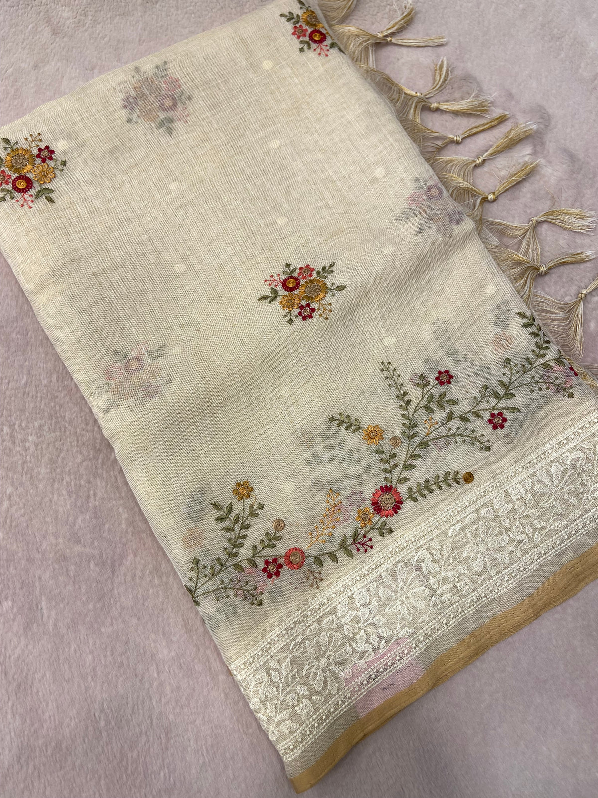 Premium Organza With Embroidery Saree (Peach)
