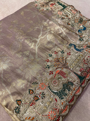Bridal Soft Tissue Saree With  Scallop Border Lavender