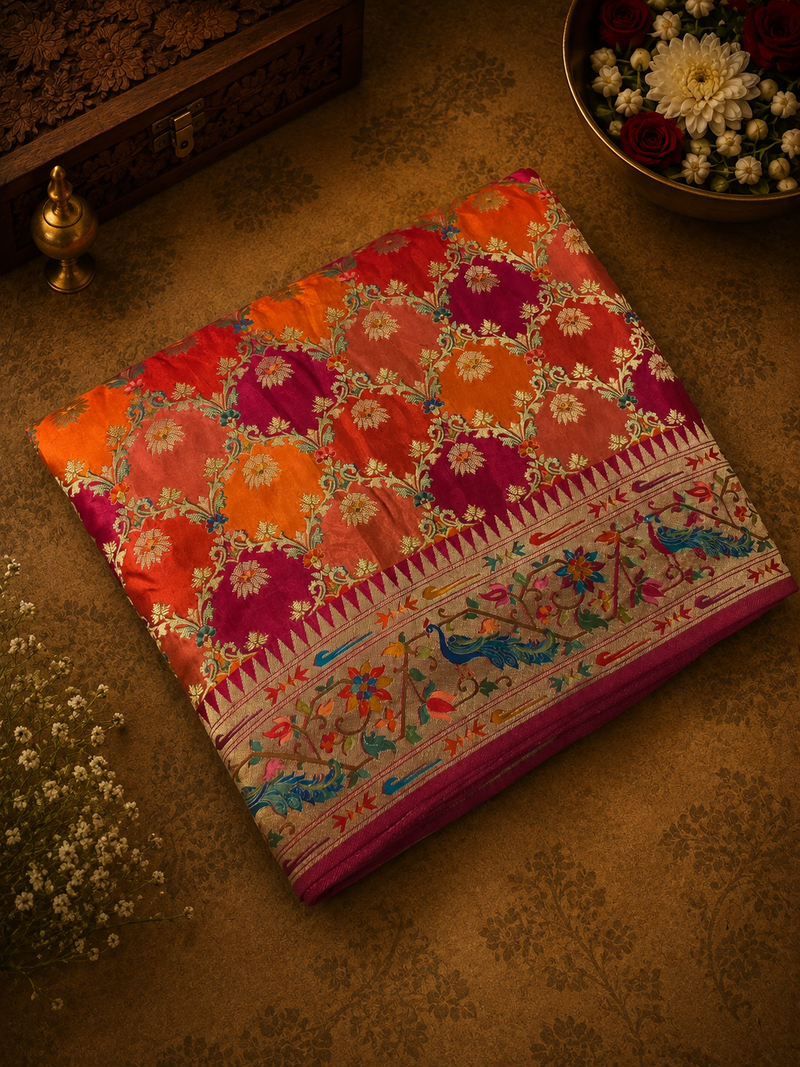 Pure Banarasi Crepe Satin Kalamkari Saree