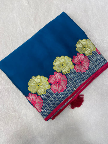 Premium Flora Crepe Silk Saree With Embroidery Border