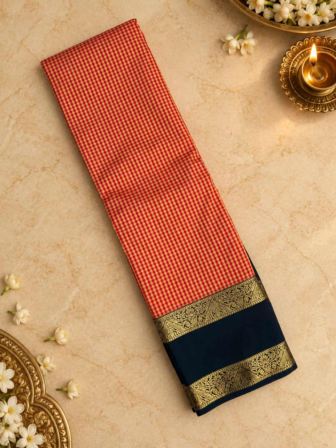 Premium Mini Kanchi Silk Saree In Chequered Pattern- RF1313