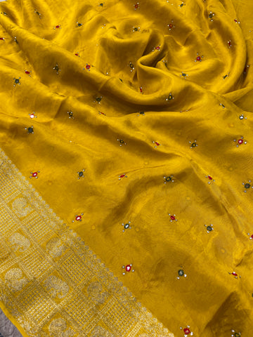 Pure crepe chinnon saree with cutdana work