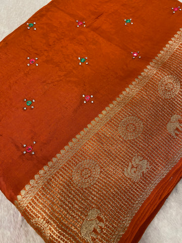 Pure crepe chinnon saree with cutdana work