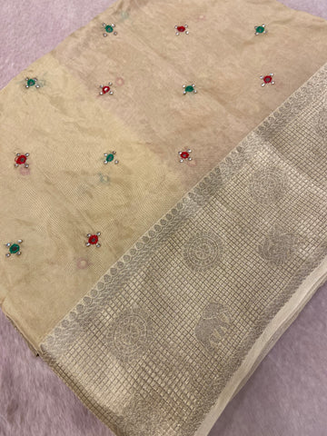 Pure crepe chinnon saree with cutdana work