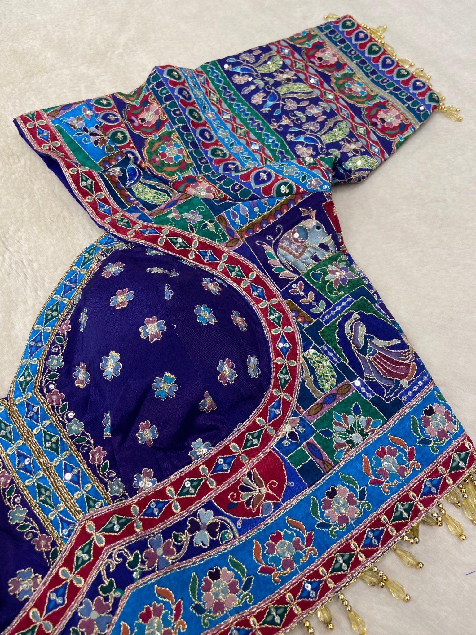 Crepe Silk Digital Print Saree With Real Mirror Work & Latkan Border - Kanjeevaram Silk Mandir