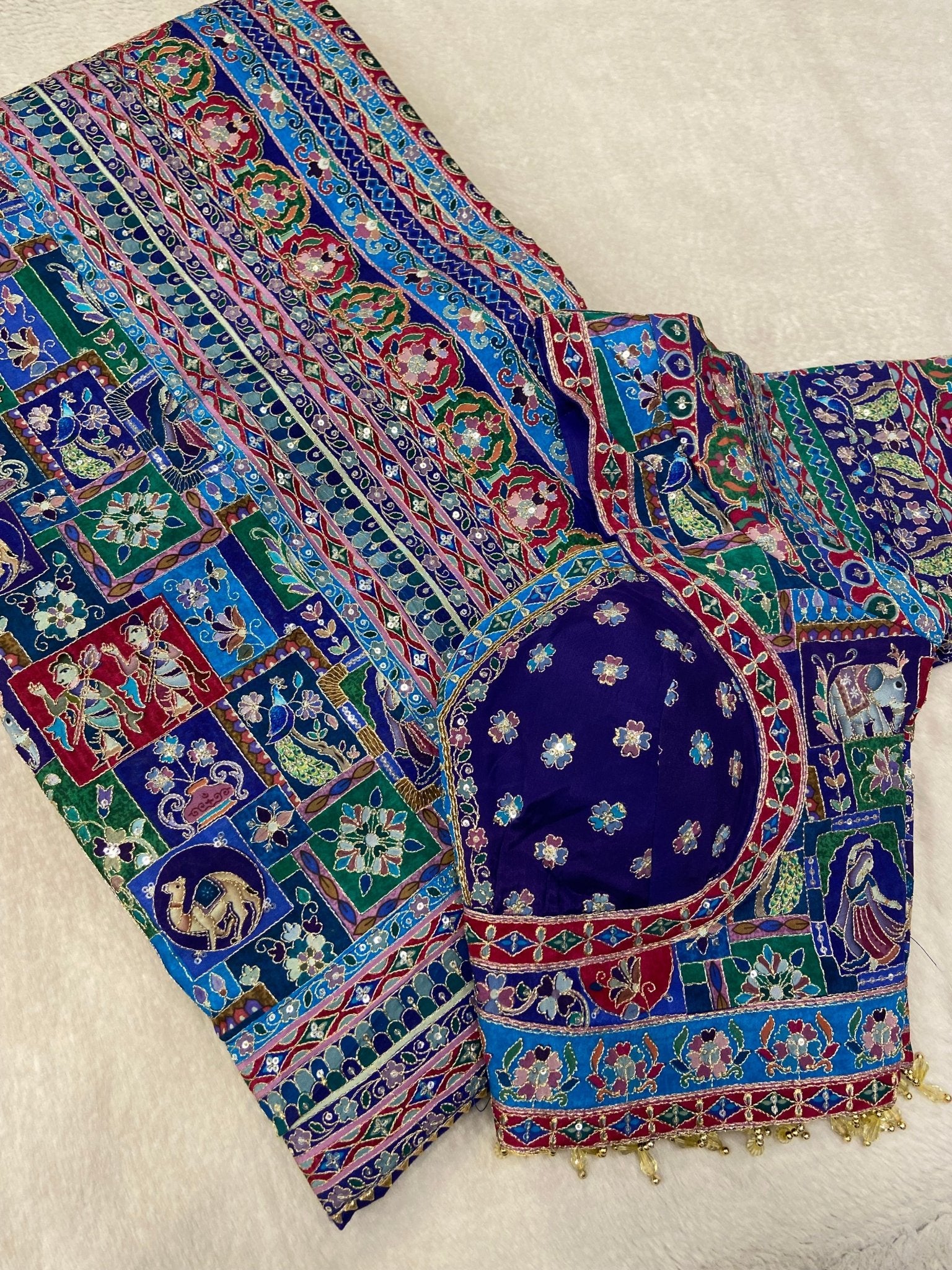 Crepe Silk Digital Print Saree With Real Mirror Work & Latkan Border - Kanjeevaram Silk Mandir